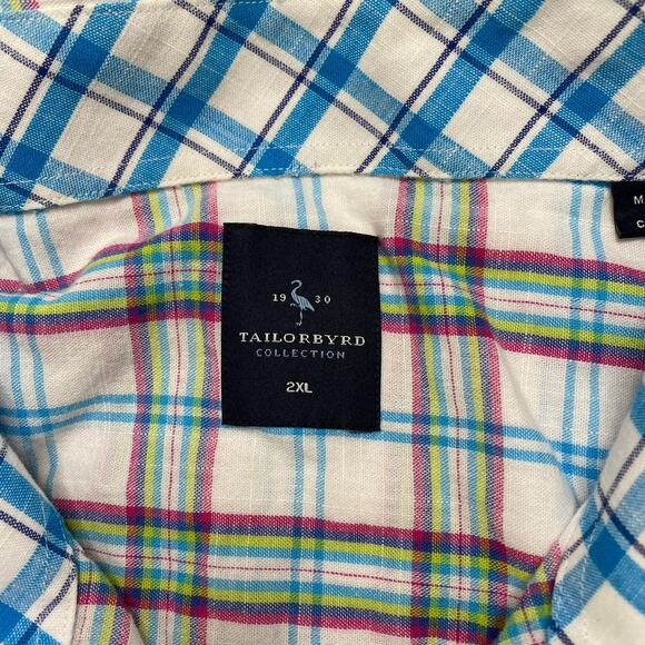 TAILOR BYRD Multicolor Woven Cotton Plaid Button Up Shirt 2XL Mens White Blue - Picture 3 of 6